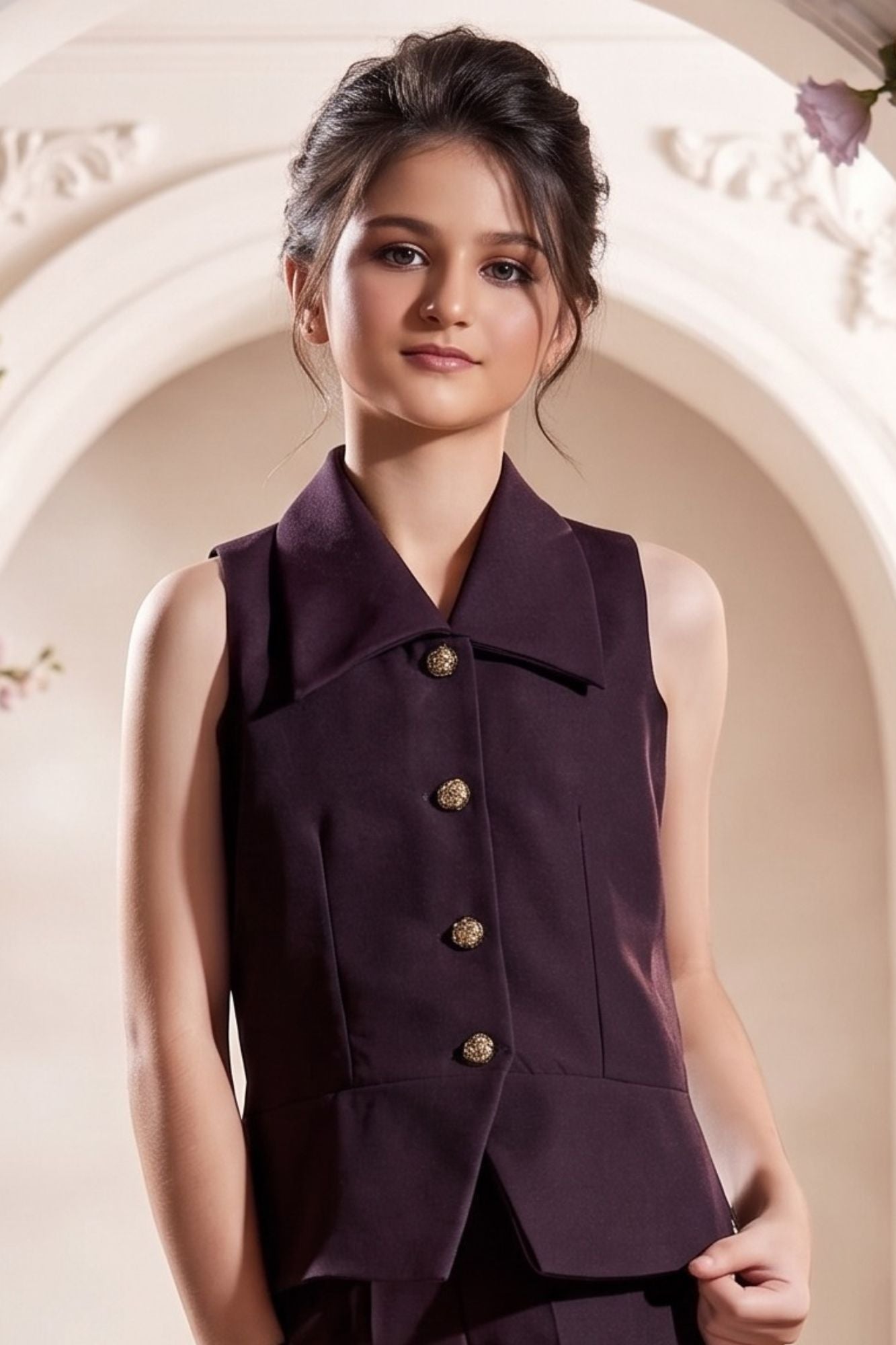 Girls Violet Co-Ord Set With Sleeveless Top And Wide-Leg Pants