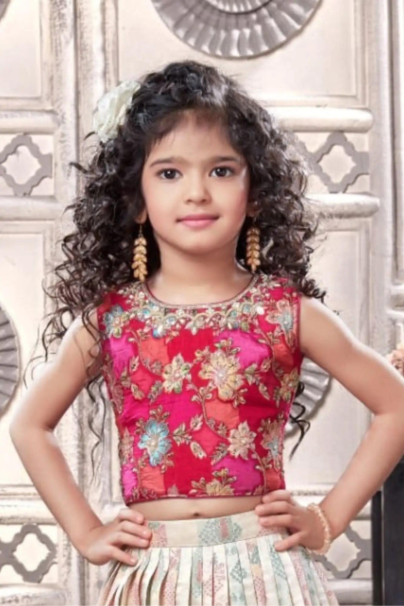 Traditional Cream & Pink Embroidered Pattu Pavadai Set for Girls