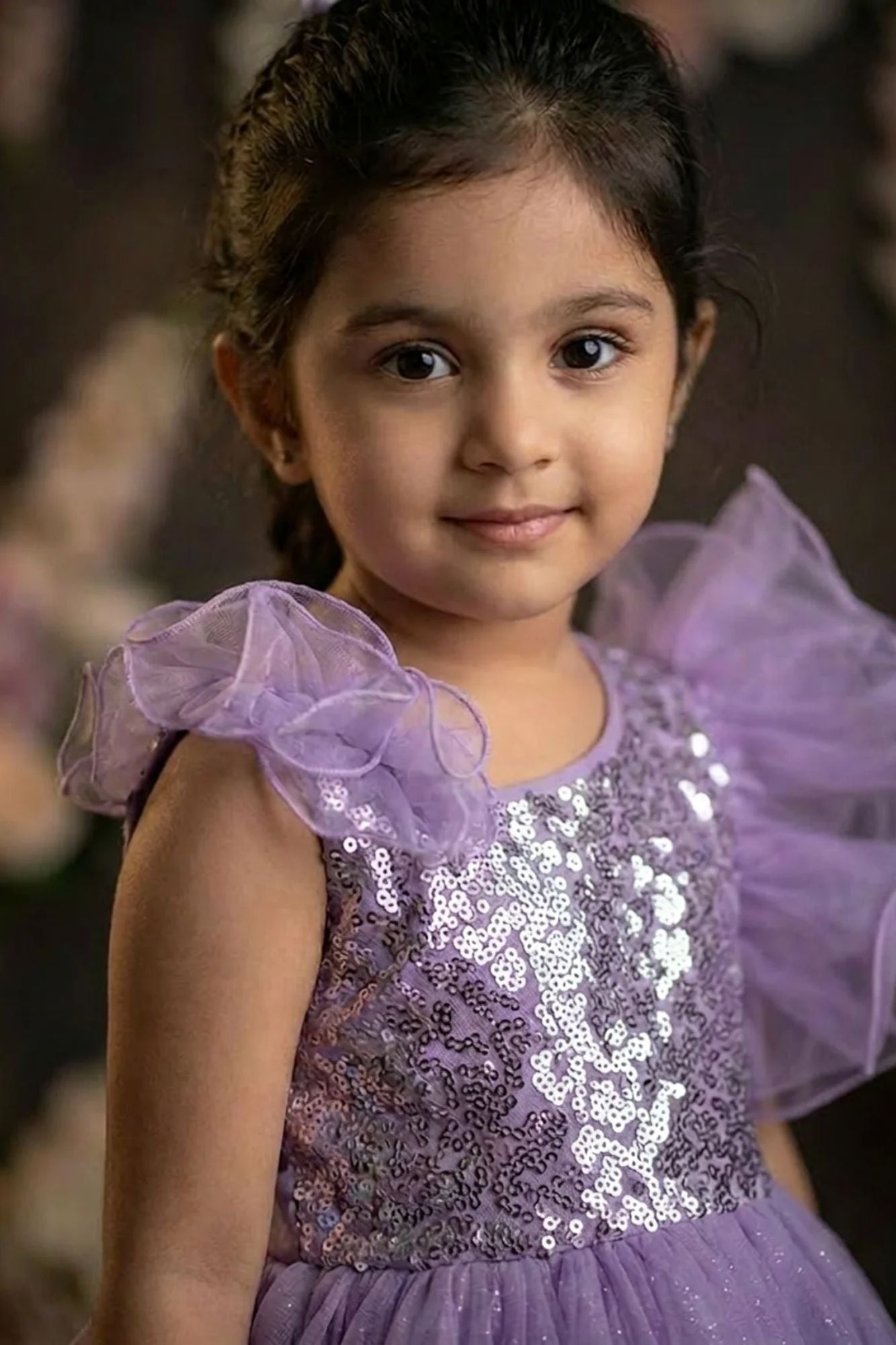 Girls Lavender Sequin Party Wear Gown with Ruffle Sleeves