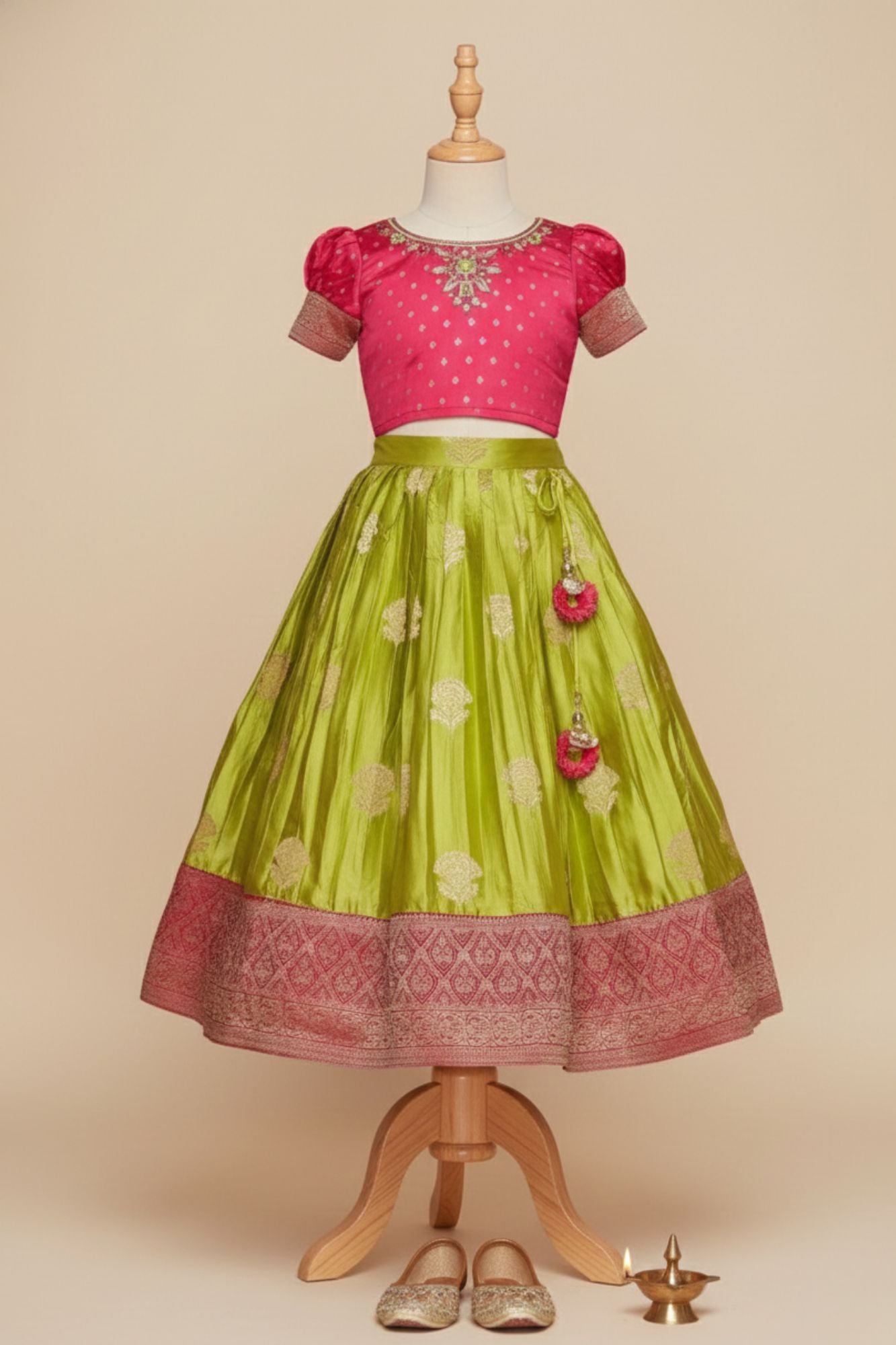 Green Silk Pattu Pavadai with Pink Puff Sleeve Top For Girls