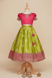 Green Silk Pattu Pavadai with Pink Puff Sleeve Top For Girls