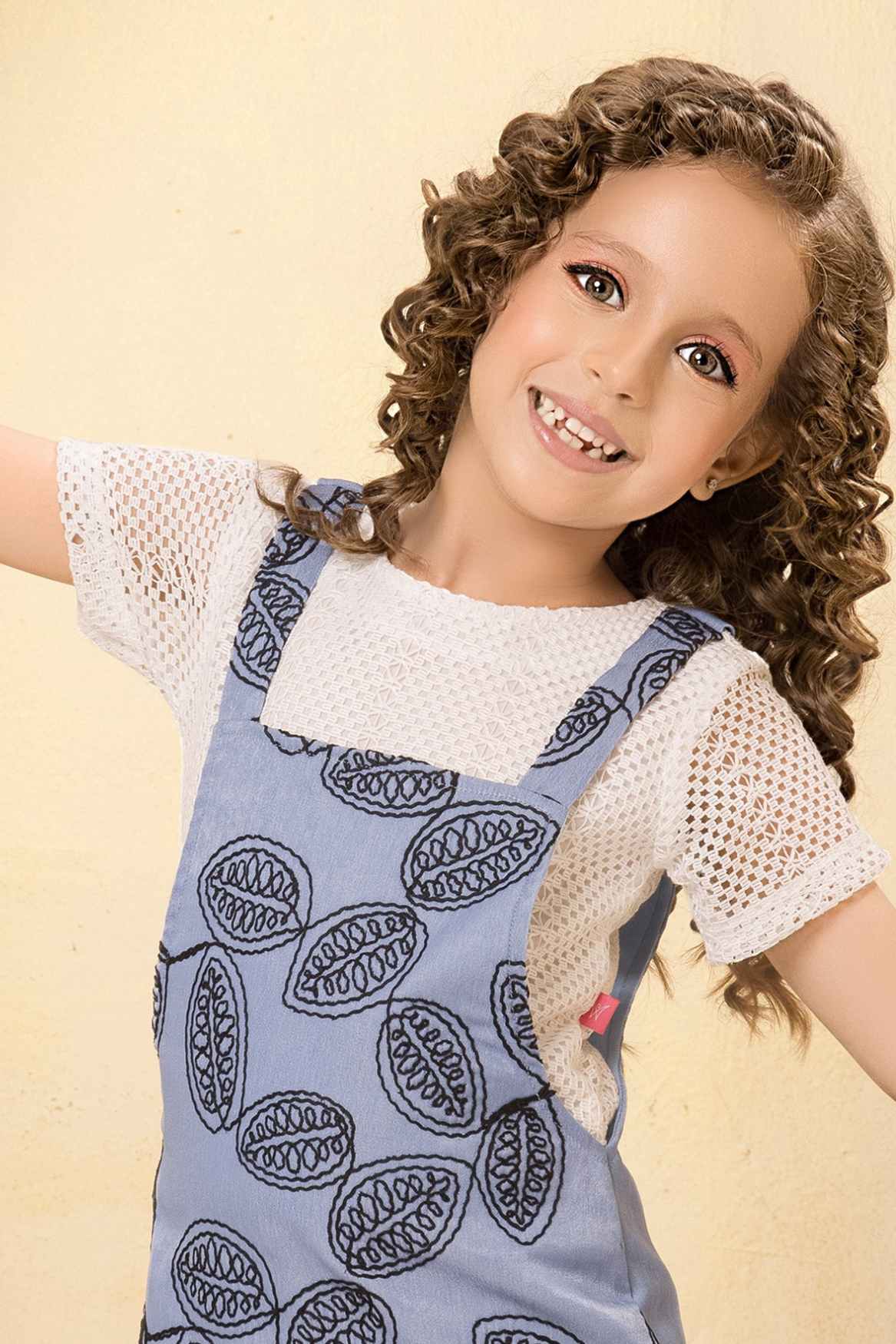 Blue Leaf Print Dungaree Dress With White Crochet Top For Girls