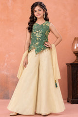 Green Embroidered Top with Ivory Palazzo Set And Dupatta For Girls