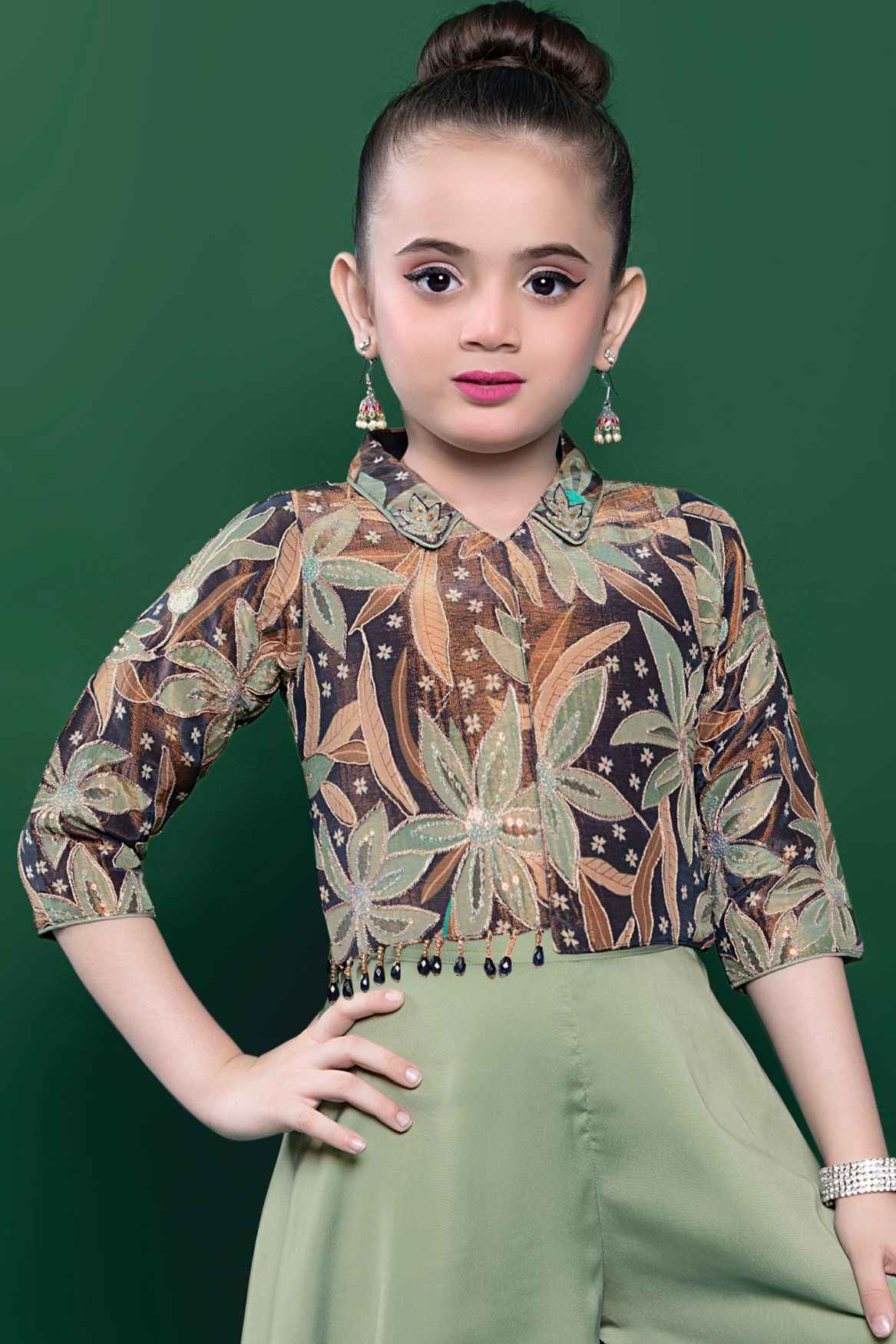 Elegant Green Sequins And Bead Work With Zari Embroidered Palazzo Set For Girls