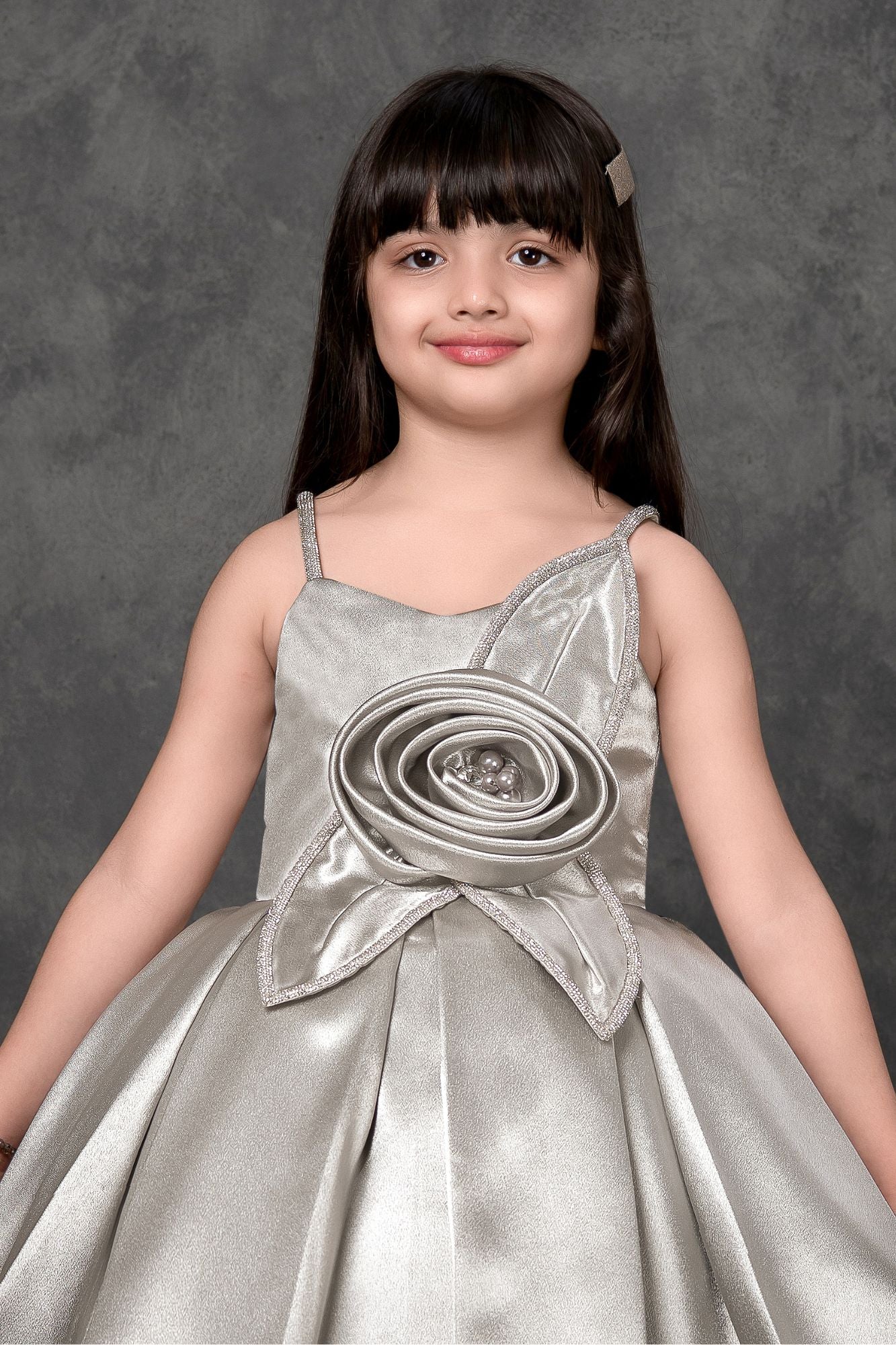 Silver Frock With 3D Rose Detail For Girls