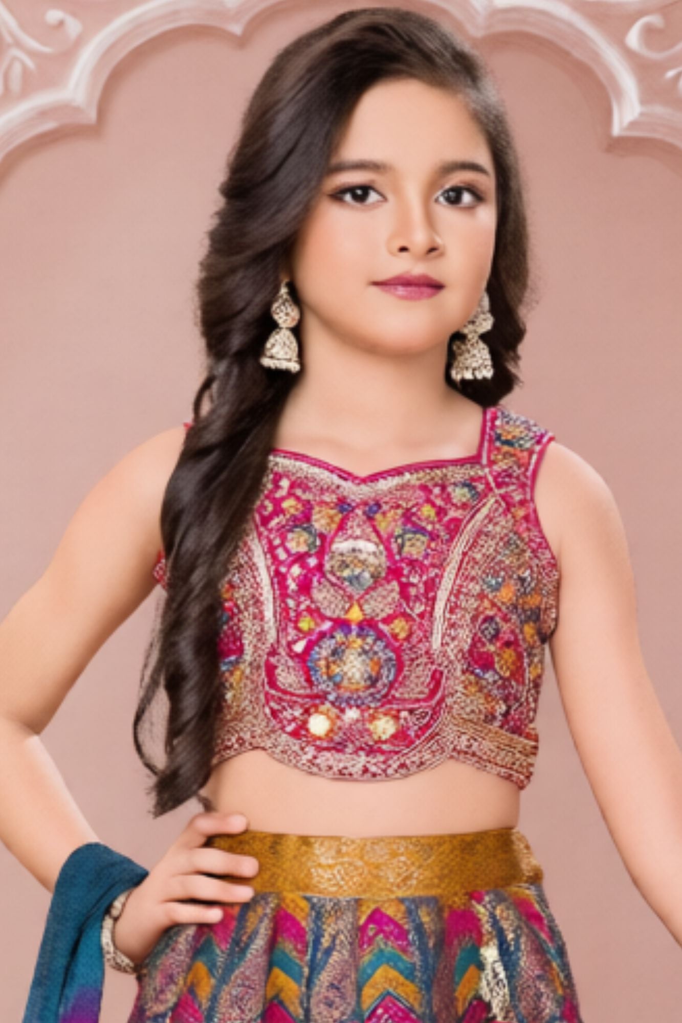 Designer Multicolor Embroidered Lehenga Choli Set With Dupatta For Girls