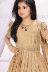 Golden Beige Sequins Embroidered Ethnic Gown with Dupatta for Girls