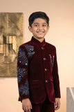Maroon Velvet Jodhpuri Suit with Embroidered Sleeve Details For Boys