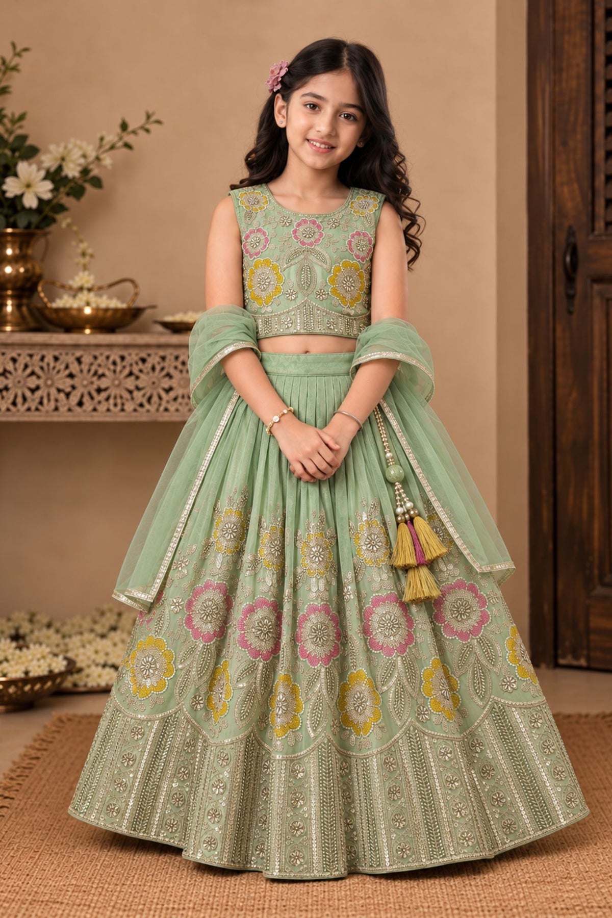 Pista Green Floral Embellished Lehenga Choli Set
