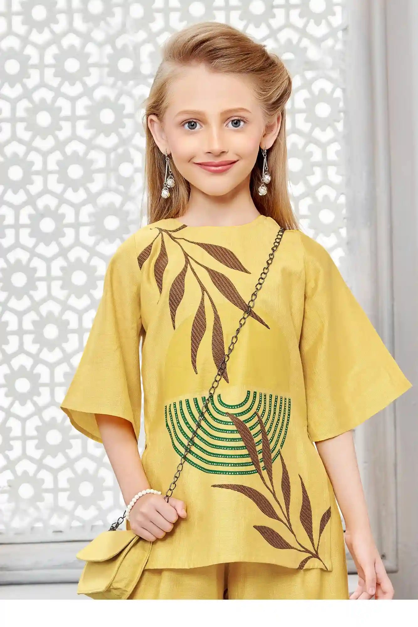 Mustard Yellow Floral Printed Palazzo Set With Matching Bag For Girls