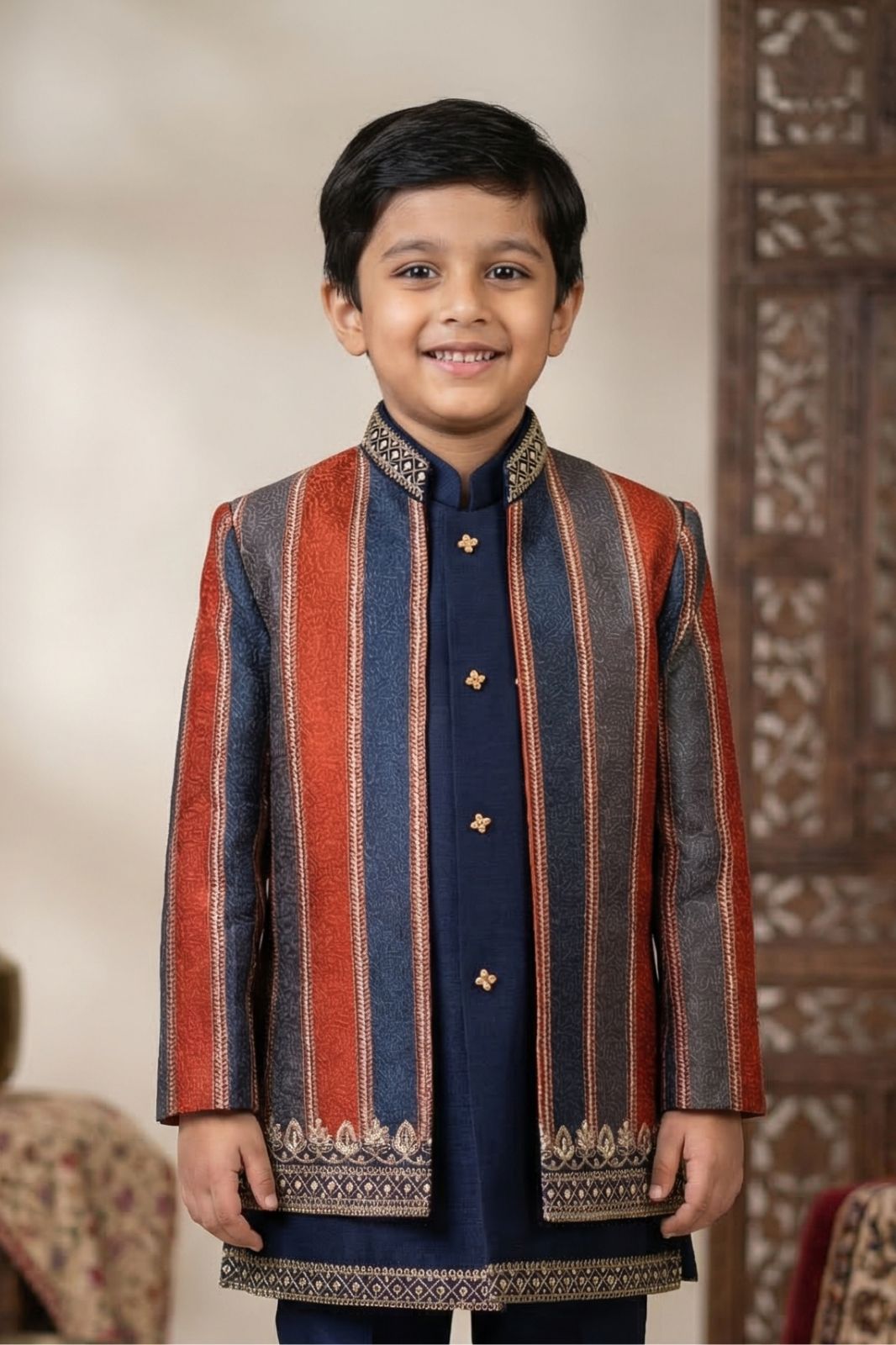 Premium Navy Blue Striped Thread Embroidered Indo Western Suit Set For Boys