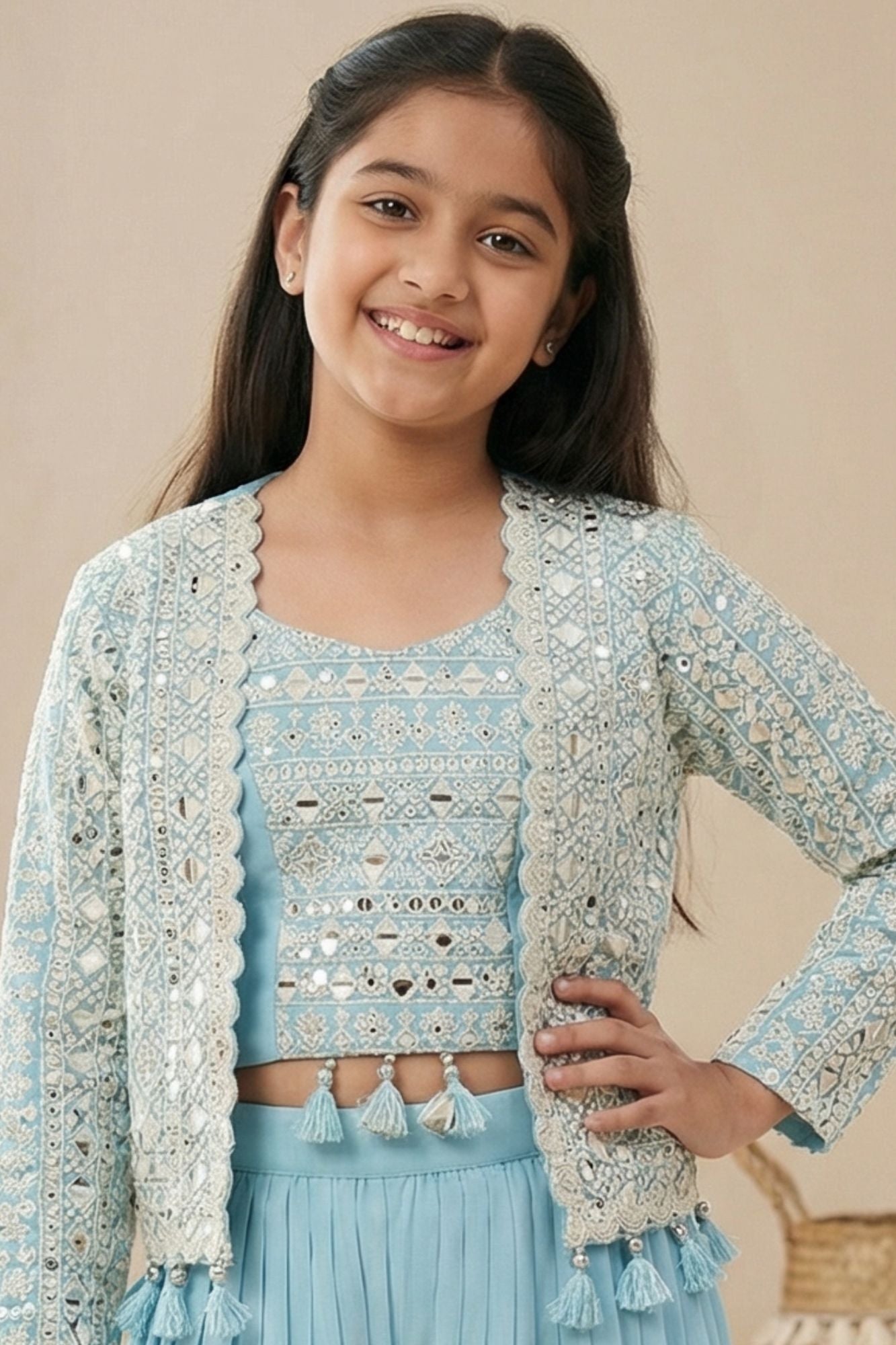 Blue Embroidered Palazzo Set With Mirror Work Jacket For Girls