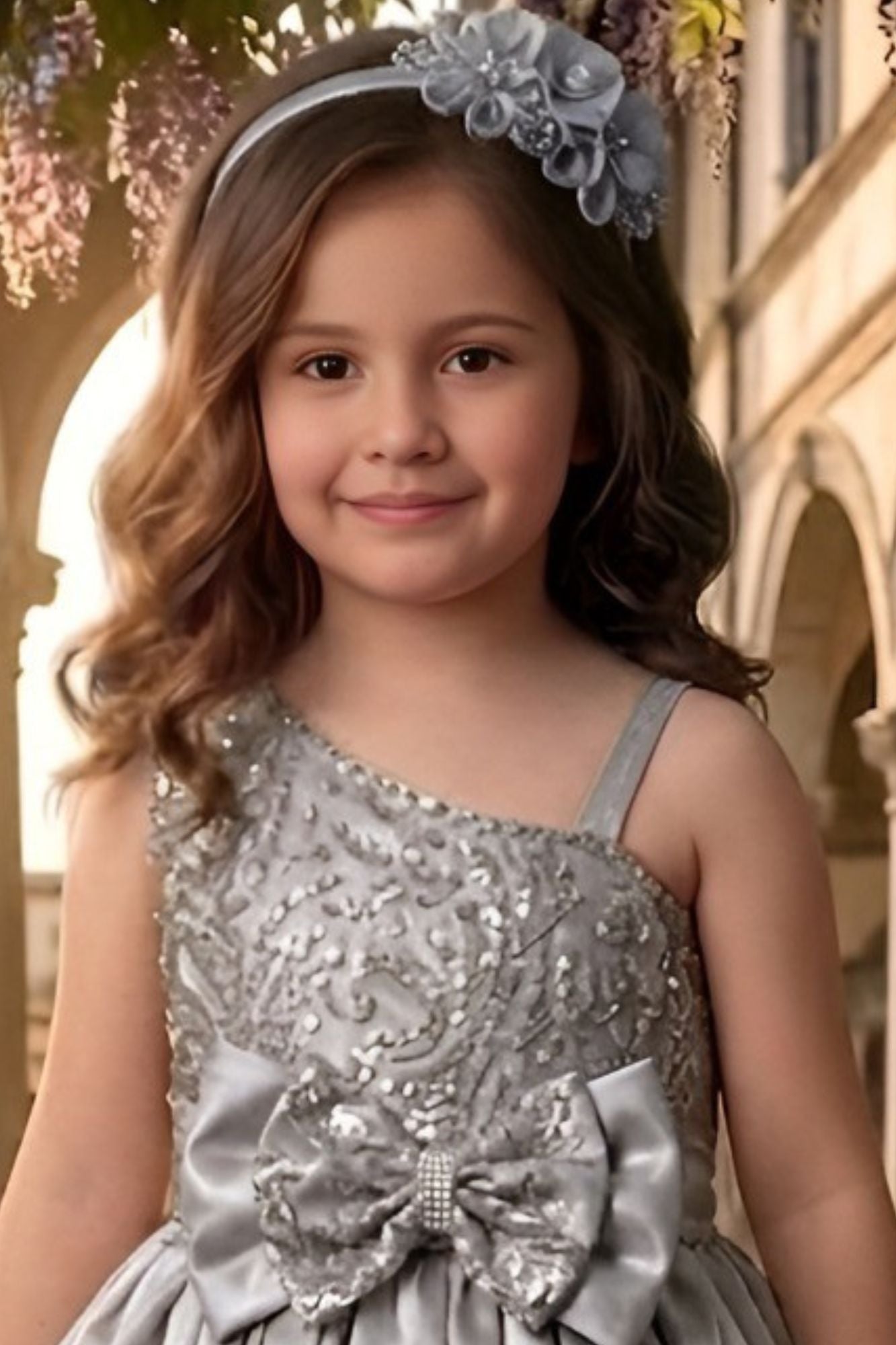 Grey One-Shoulder Embroidered Party Wear Gown for Girls