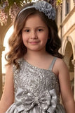 Grey One-Shoulder Embroidered Party Wear Gown for Girls