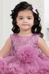 Onion Pink Ruffled Frock With Floral Embellished For Girls