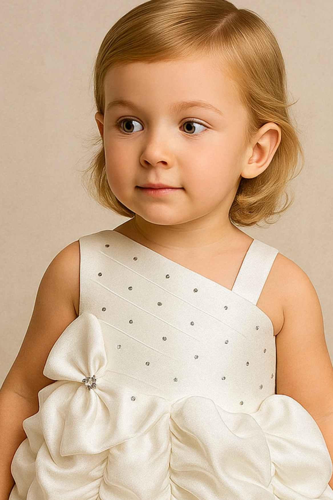 White Asymmetrical Satin Party Frock With Ruched Bubble Skirt For Girls