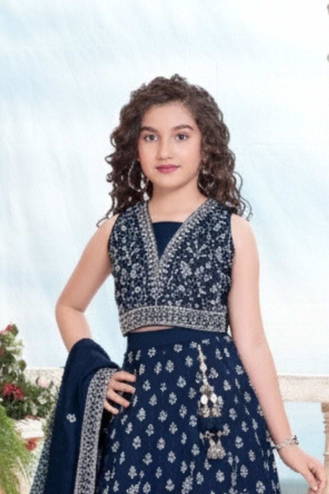 Navy Blue Embroidered Lehenga Choli Set with Dupatta For Girls