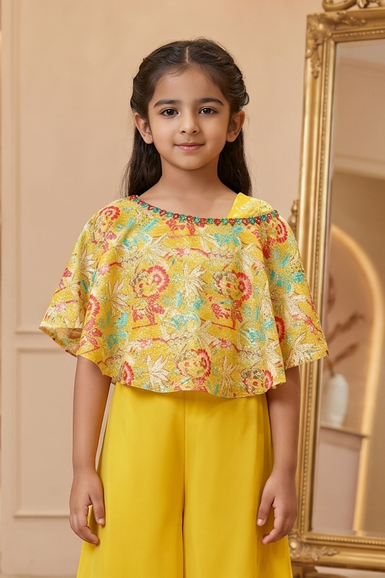 Mustard Printed Sequin Palazzo Set With Cape Sleeves For Girls