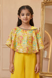 Mustard Printed Sequin Palazzo Set With Cape Sleeves For Girls