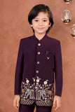 Royal Maroon Jhodhpuri Suit With Zari Embroidery For Boys