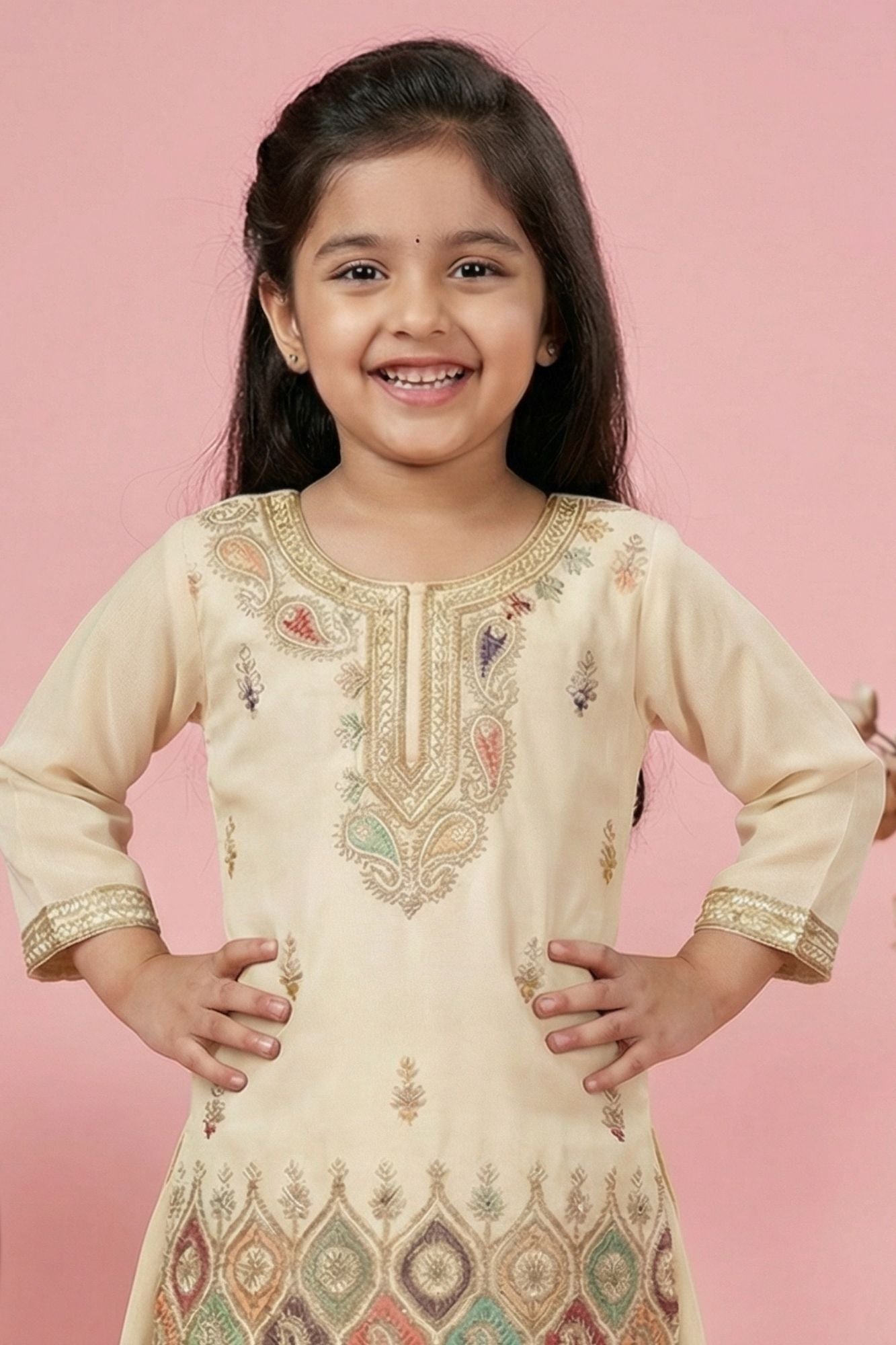 Beige Multicolor Embroidered Palazzo Set For Girls