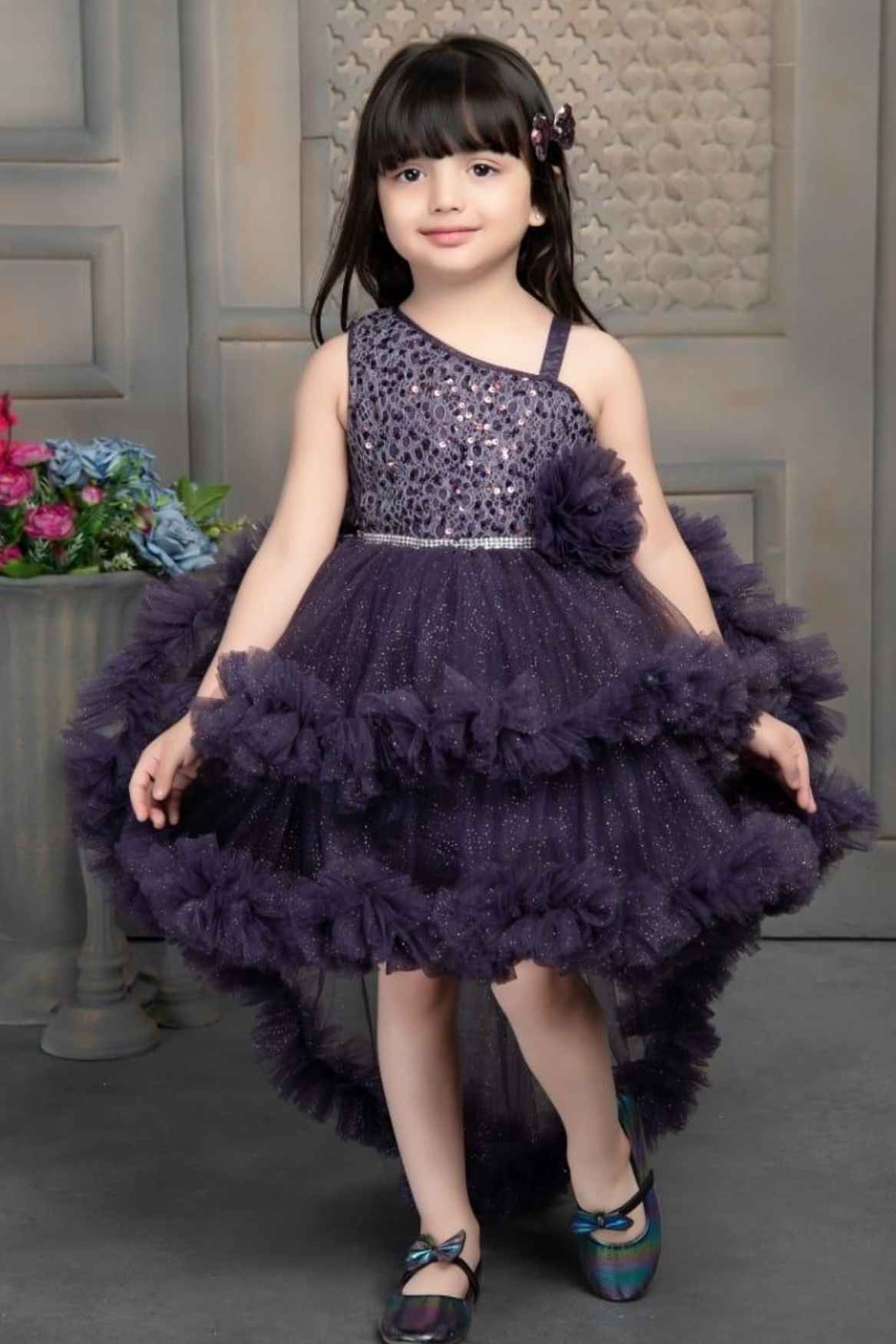 Dark violet Shimmer Ruffle Tailback Frock For Girls