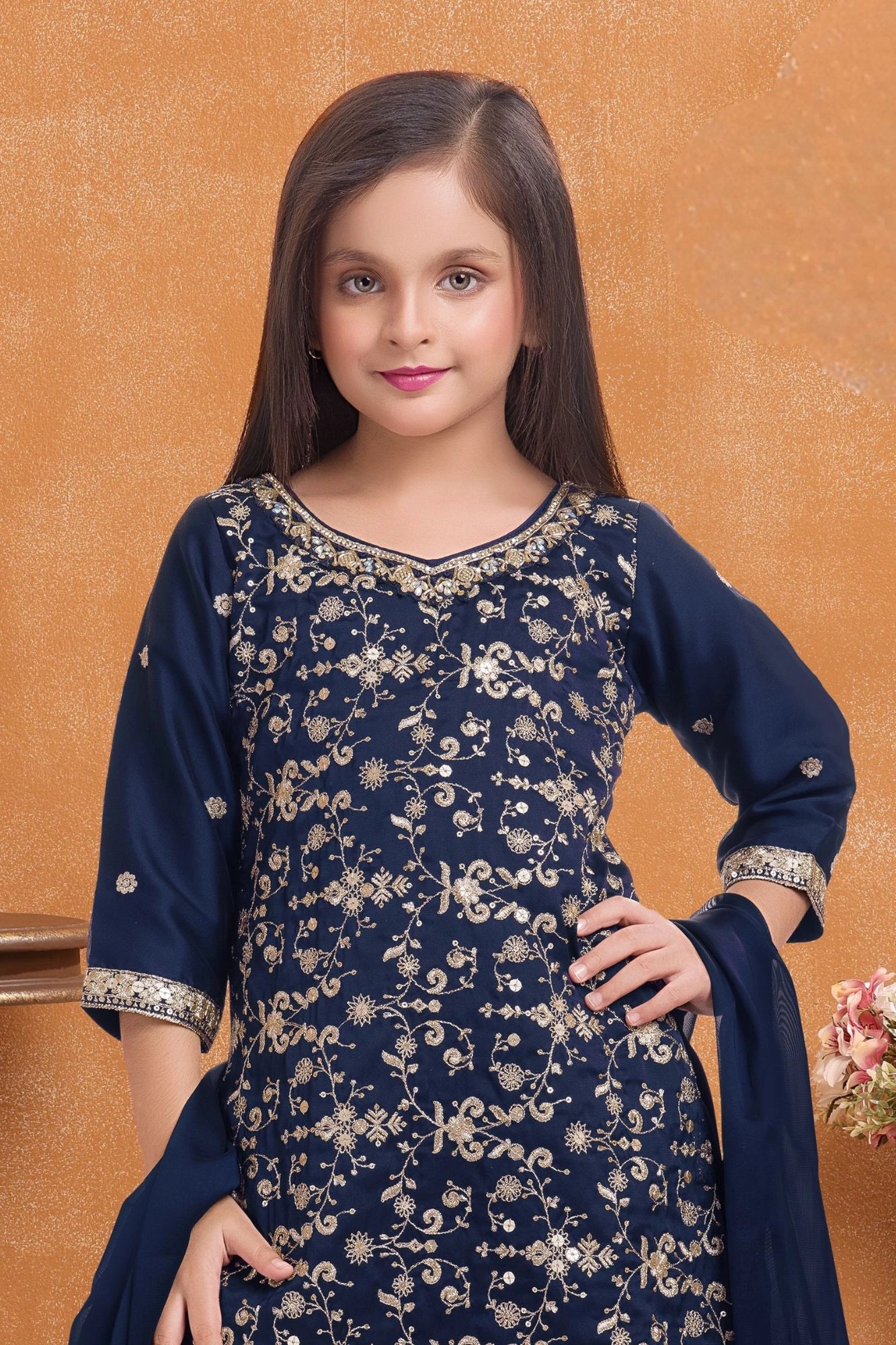 Navy Blue Embroidered Patiala Set For Girls