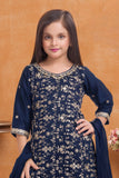 Navy Blue Embroidered Patiala Set For Girls