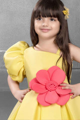 Yellow Frock With Asymmetric Sleeves And Floral Embellished For Girls