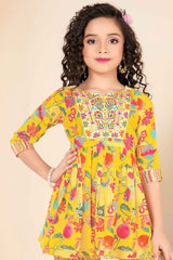 Yellow Embroidered Top With Sharara Bottom Set For Girls