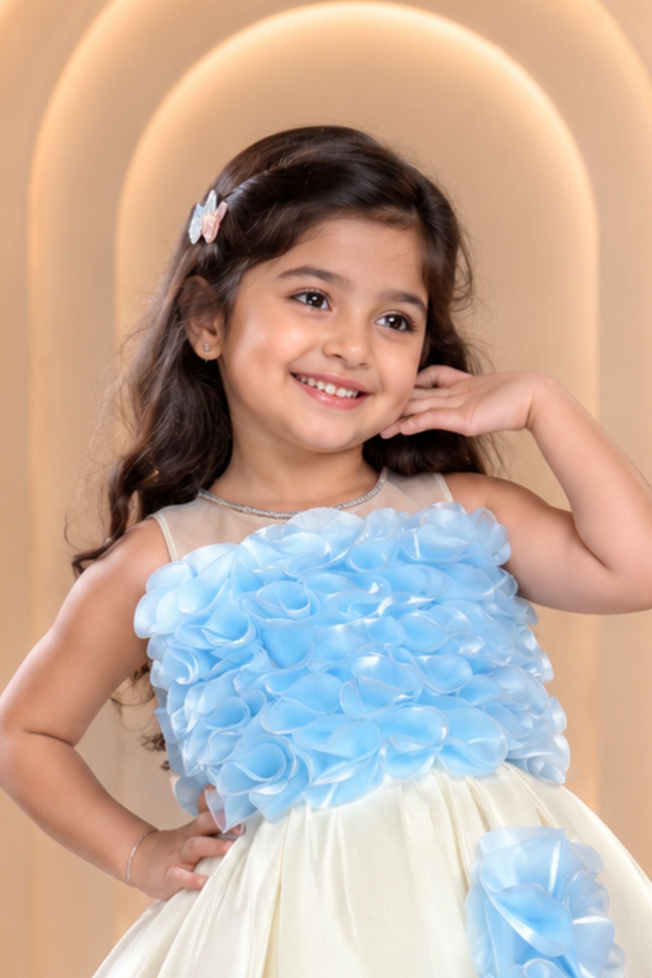 Stylish Blue And Cream Ruffled Frock For Girl