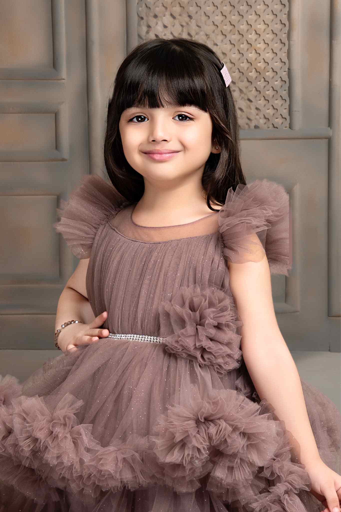Chocolate Net Multilayer Ruffle Tailback Frock For Girls
