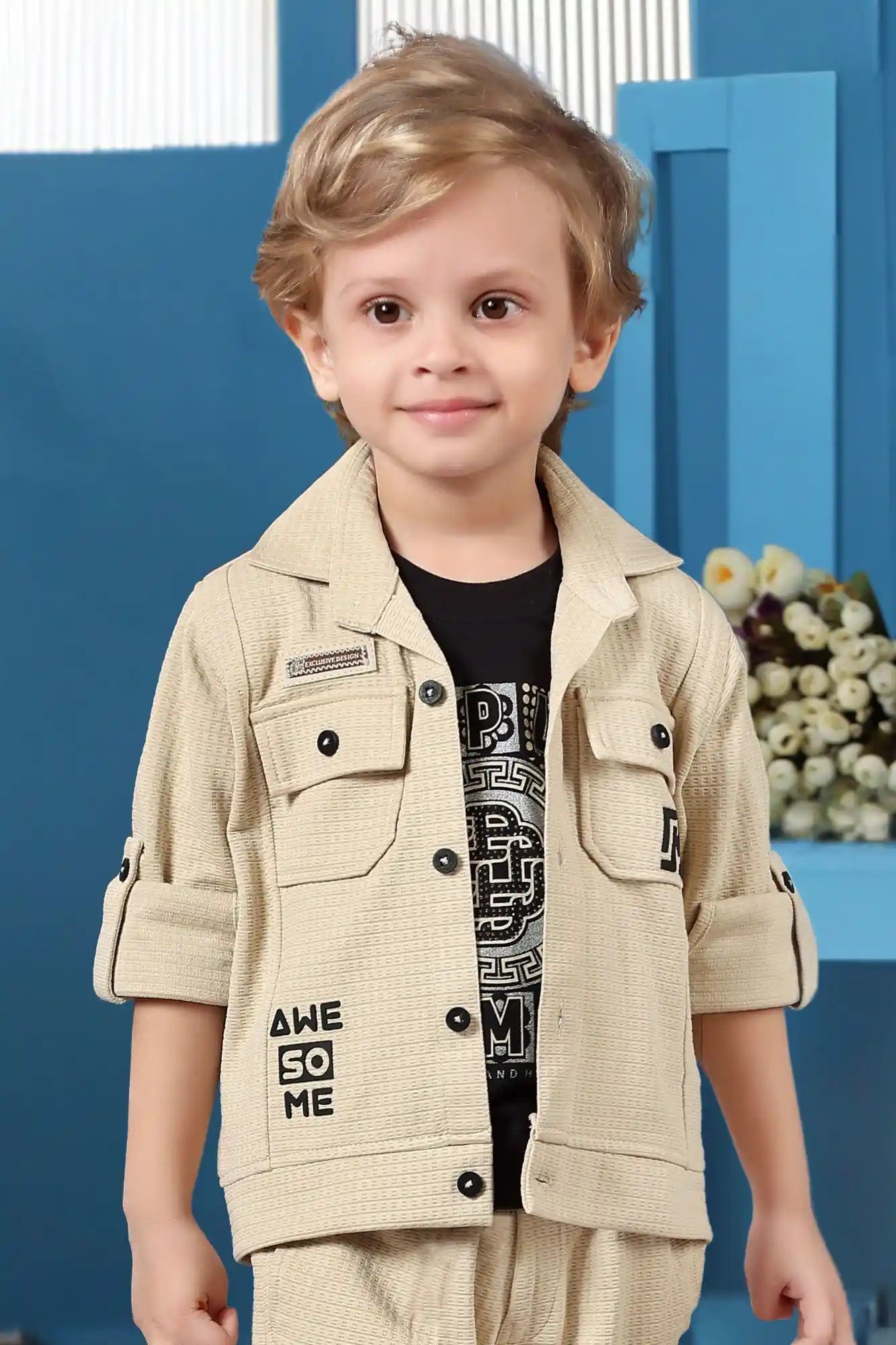 Beige And Black 3-Piece Utility Style Set with Cargo Pants For Boys