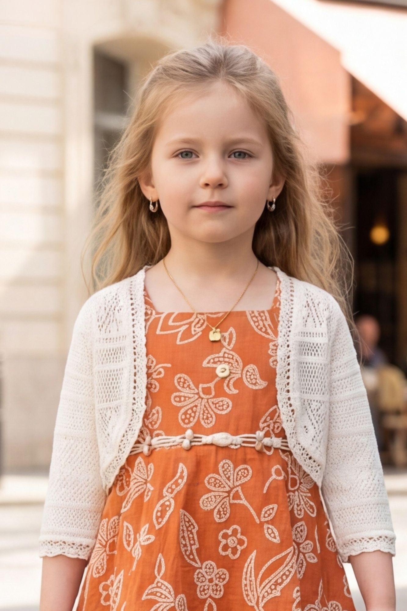 Girls Rust Orange Printed Frock with Crochet Shrug