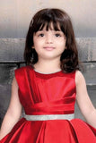 Red High Low Satin Partywear Frock With Stone Work For Girls