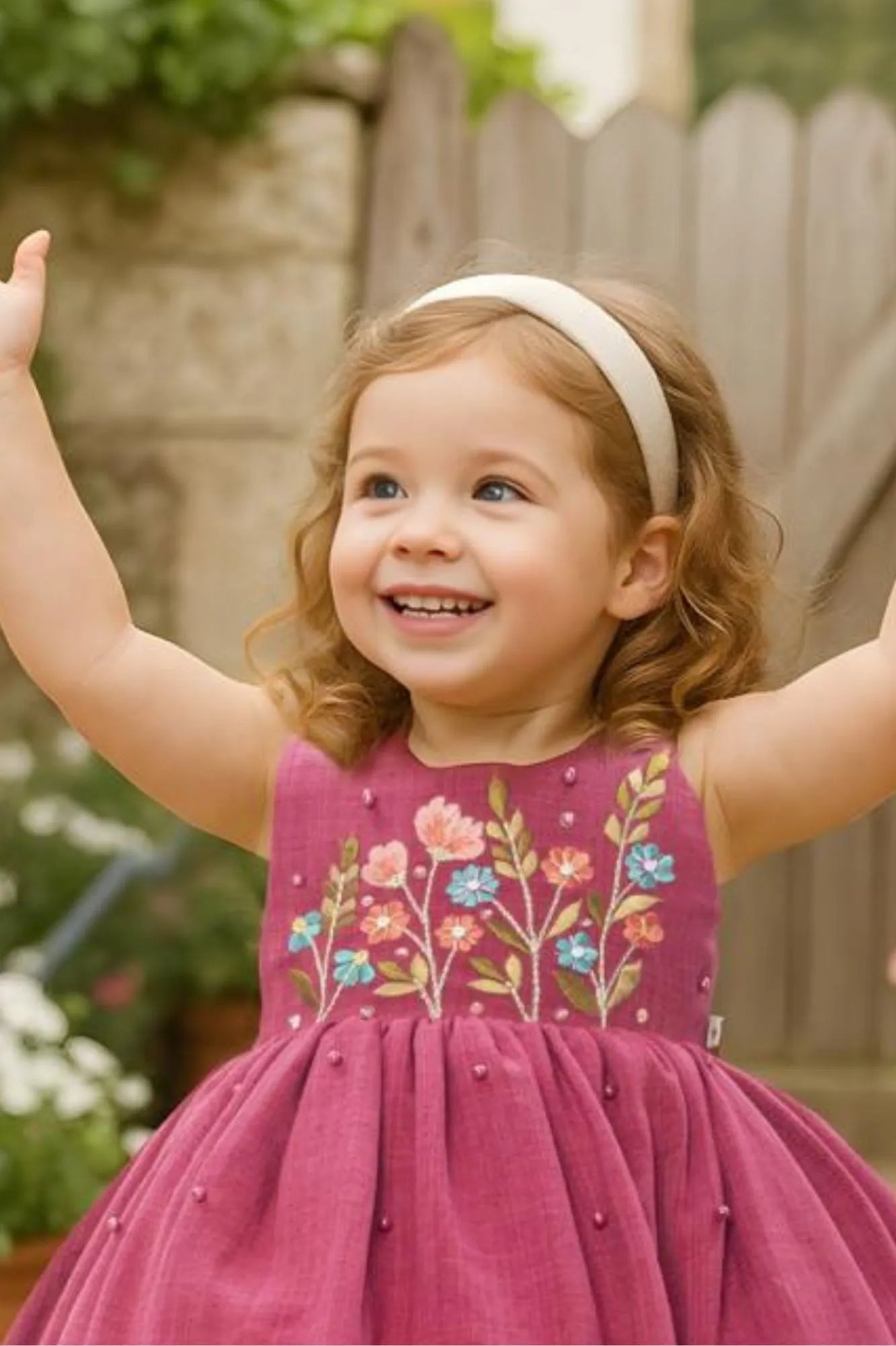 Berry Pink Embroidered Fit And Flare Dress For Girls