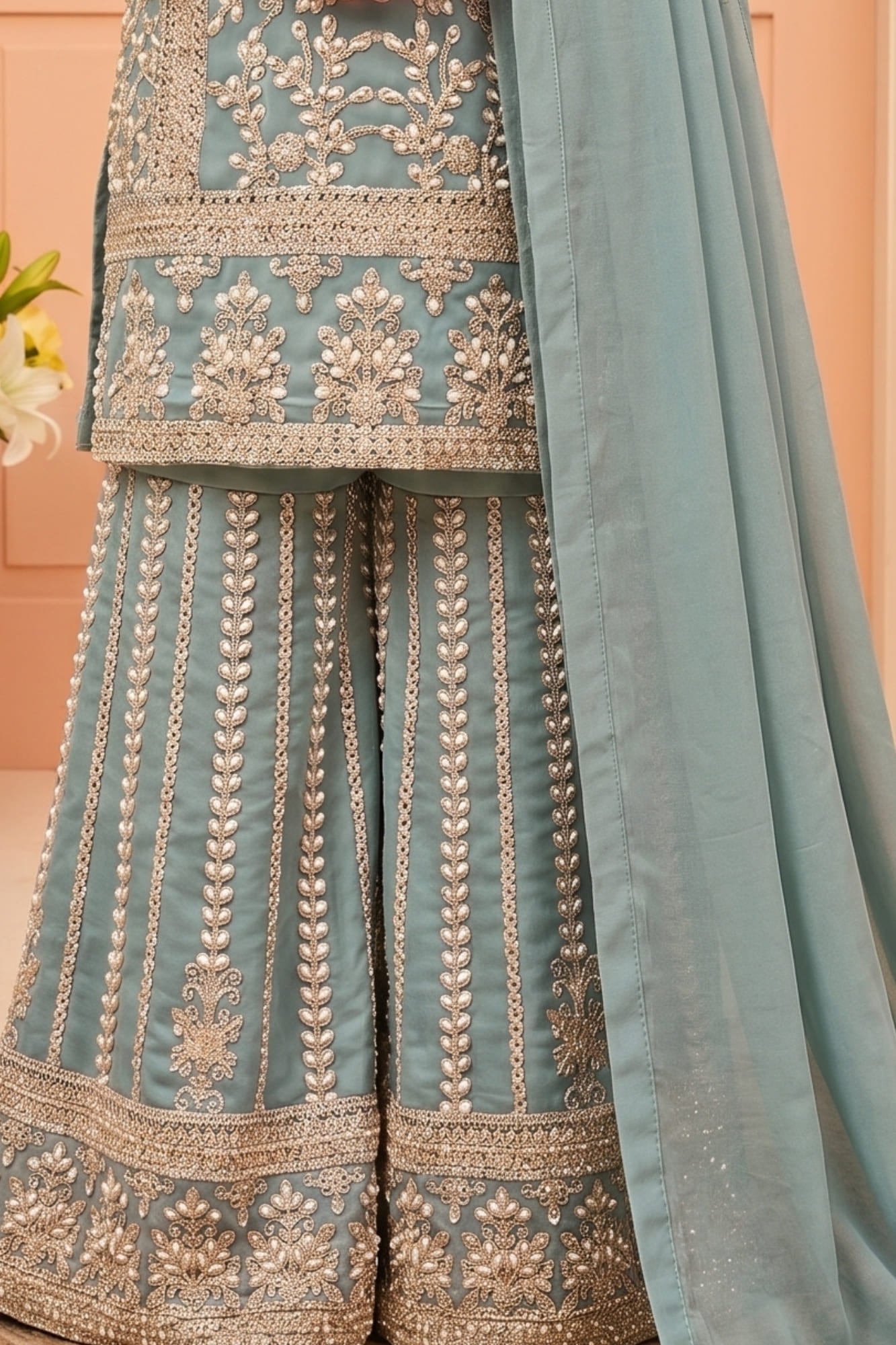 Powder Blue  Designer Wear Palazzo Set with Heavy Embroidery