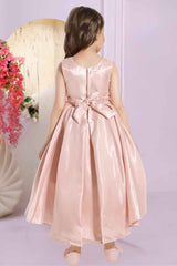 Peach Sleeveless And Floral Embellished Tailback Frock For Girls