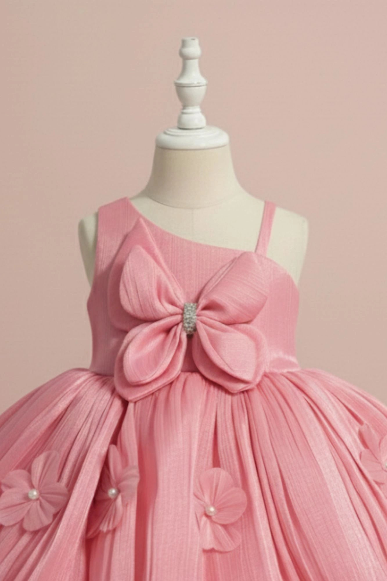 Peach Party Wear Frock with 3D Floral Appliqué and Bow Accent For Girls