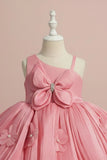 Peach Party Wear Frock with 3D Floral Appliqué and Bow Accent For Girls