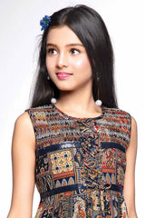 Navy Blue Motif Printed And Sequin Work Casual Frock For Girls