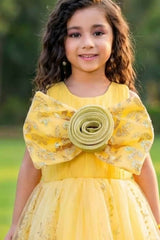 Yellow Sequin Party Gown with 3D Floral Bow For Girls