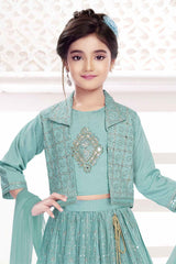 Sea Green Sequin Work And Embroidered Lehenga Choli Set For Girls