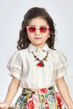 Beige Puff Sleeve Shirt & Green Floral Pleated Skirt Set For Girls