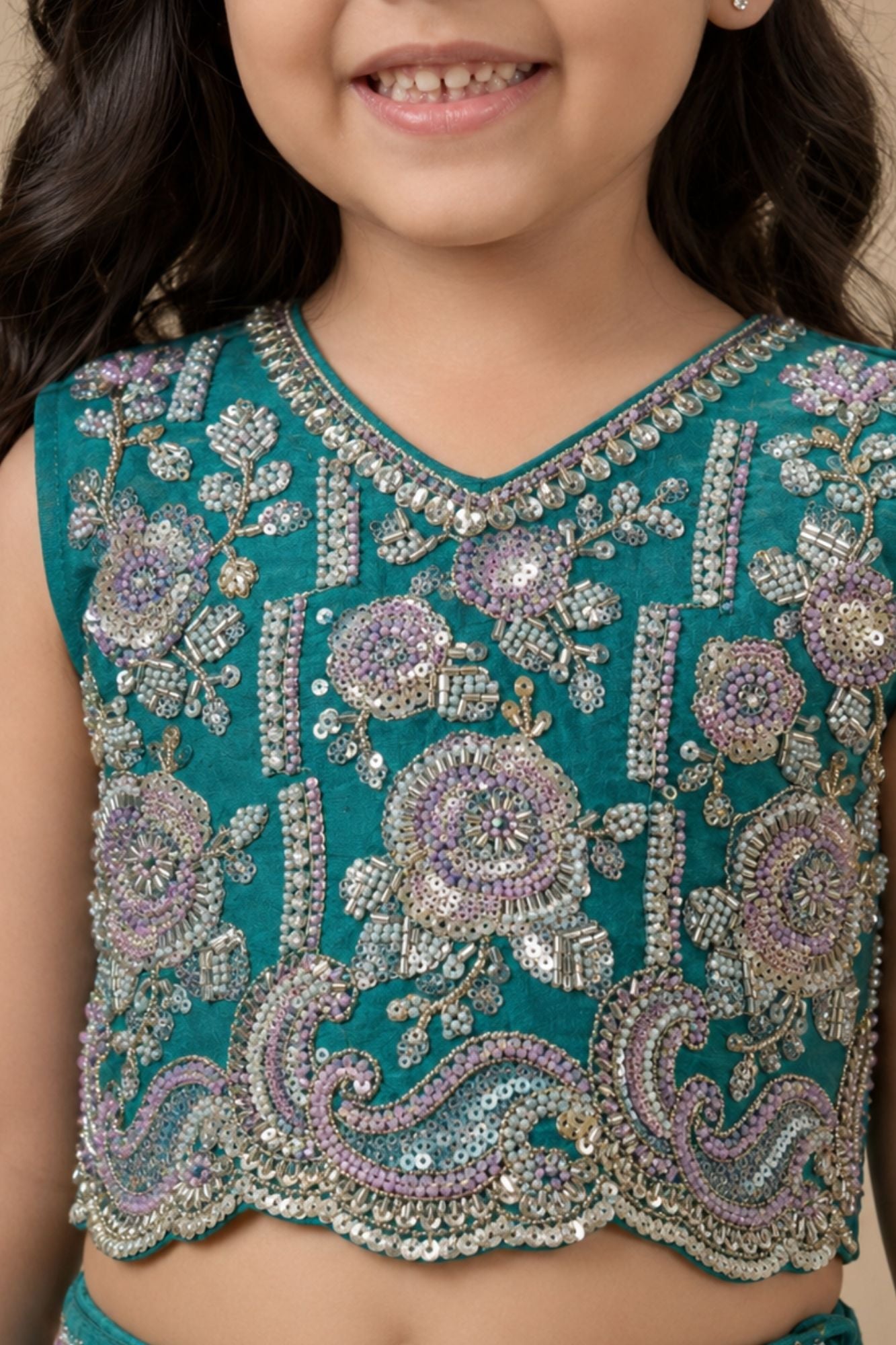 Girls Rama Green Embroidered Lehenga Choli Set with Dupatta