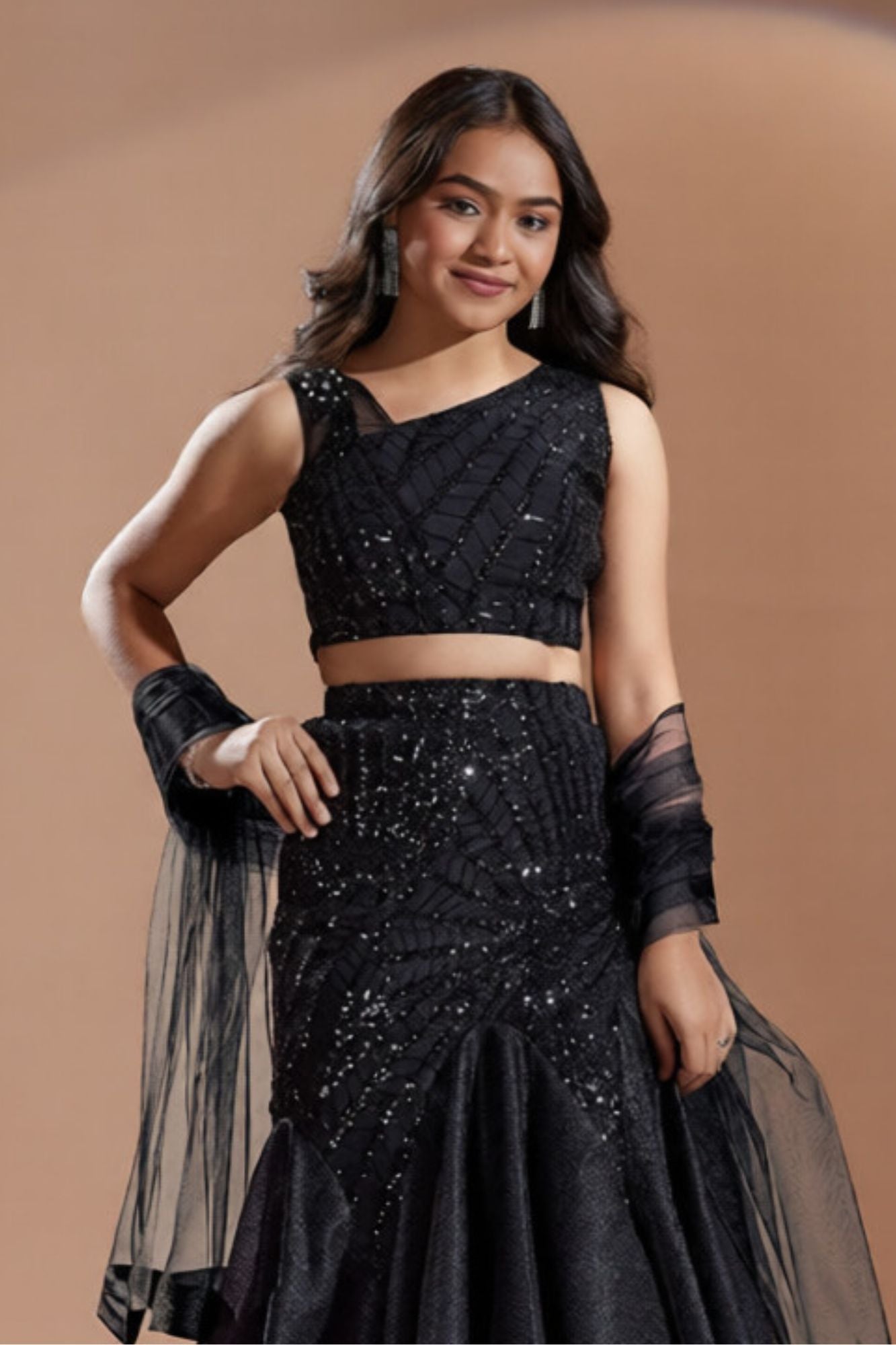 Black Sequin Embellished Fish Cut Lehenga Set For Girls