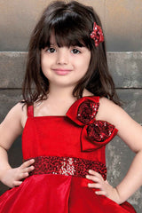 Red Tail Back Frock With Sequins Work And Bow Embellished For Girls