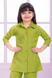 Green Casual Top With Matching Straight Pant Set For Girls