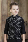 Black Printed Kurta Set with White Pajama For Boys