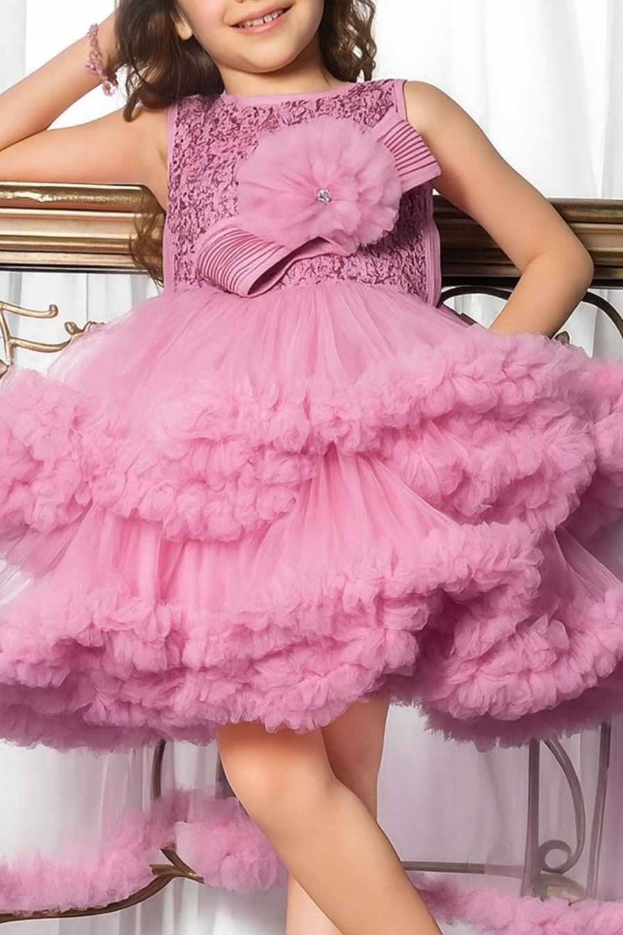 Bold Onion Pink High-Low Partywear Frock for Girls